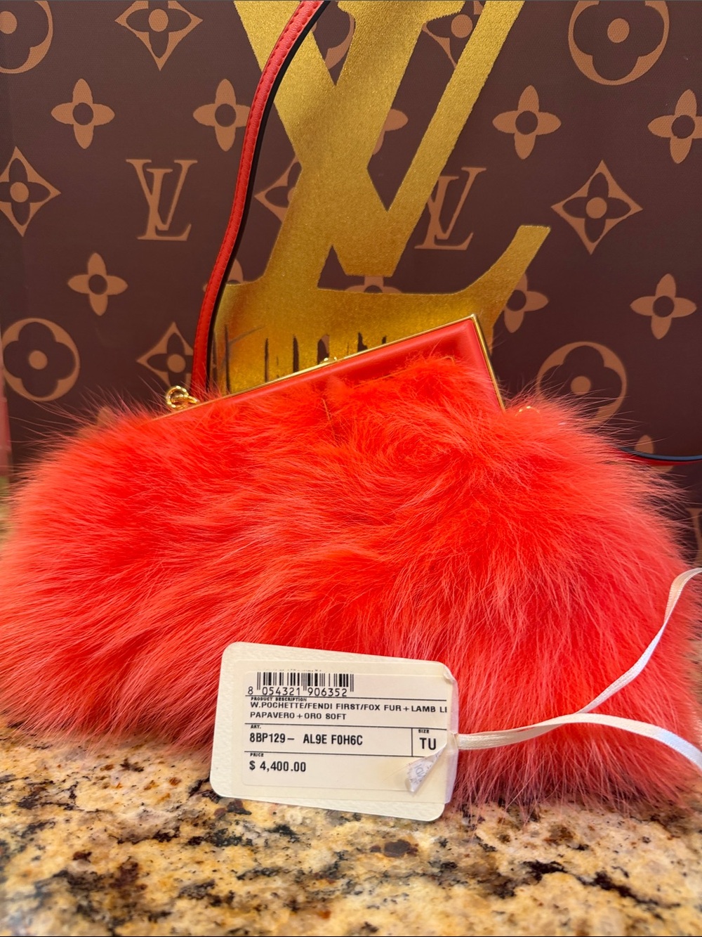 Fendi Red Fur Mini Bag with Gold-Tone Frame